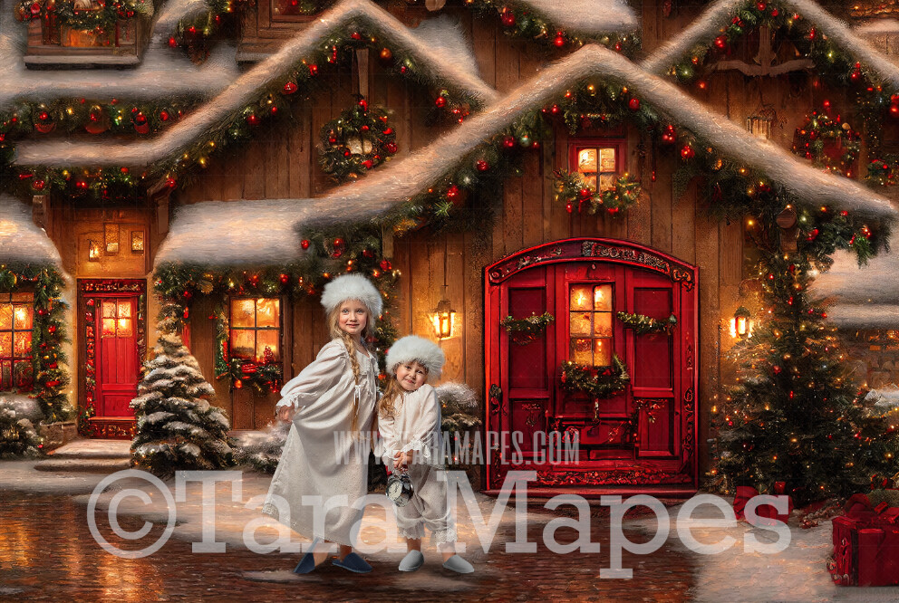 Red Christmas Shop Digital Backdrop - Vintage Toy Shop - Christmas Street Storefront  - Christmas Town Shops Digital Background - FREE SNOW OVERLAY included