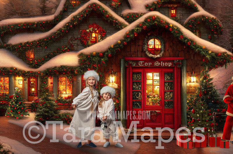 Red Christmas Shop Digital Backdrop - Vintage Toy Shop - Christmas Street Storefront  - Christmas Town Shops Digital Background - FREE SNOW OVERLAY included