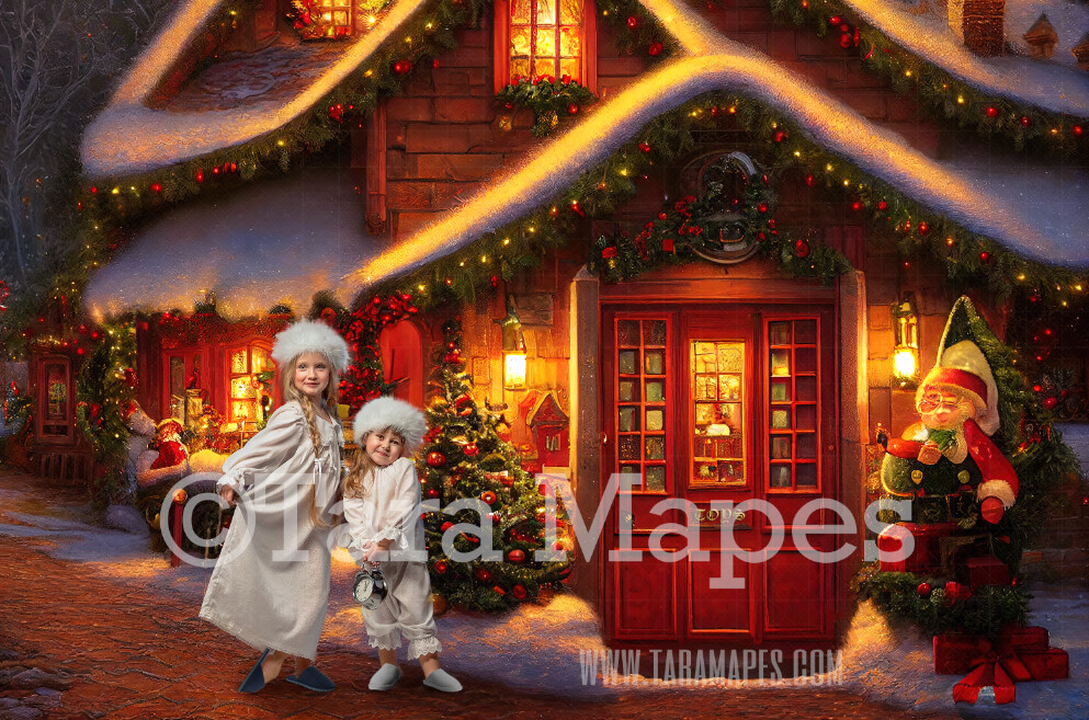 Red Christmas Shop Digital Backdrop - Vintage Toy Shop - Christmas Street Storefront  - Christmas Town Shops Digital Background - FREE SNOW OVERLAY included