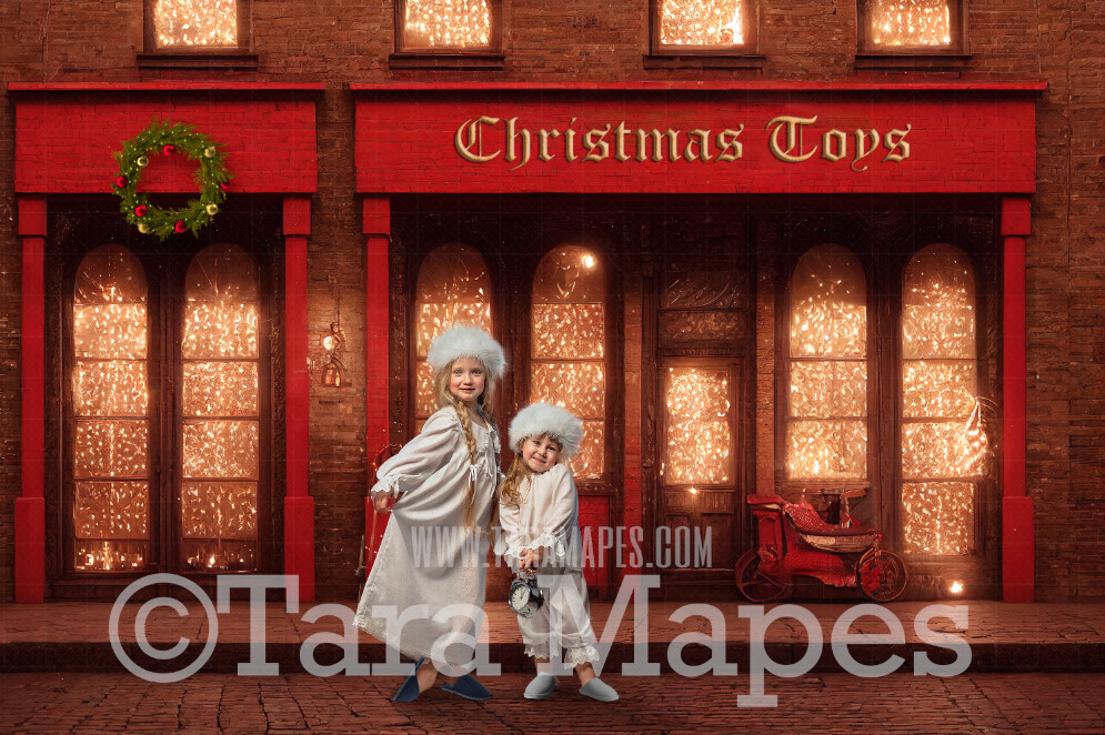 Red Christmas Shop Digital Backdrop - Vintage Toy Shop - Christmas Street Storefront  - Christmas Town Shops Digital Background - FREE SNOW OVERLAY included