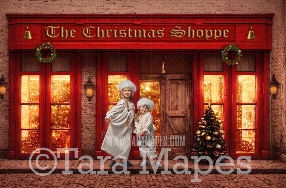 Red Christmas Shop Digital Backdrop - Vintage Toy Shop - Christmas Street Storefront - Christmas Town Shops Digital Background - FREE SNOW OVERLAY included