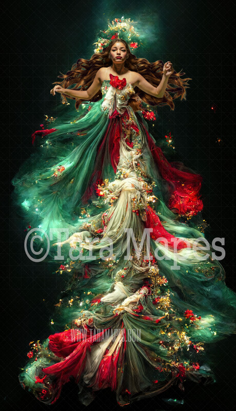 Christmas Gown Digital Backdrop - Ornate Red and Green and Ivory Flowing Digital Gown - Gown JPG File Digital Background