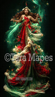 Christmas Gown Digital Backdrop - Ornate Red and Green and Ivory Flowing Digital Gown - Gown JPG File Digital Background