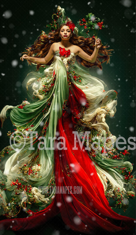 Christmas Gown Digital Backdrop - Ornate Holly and Pine, Red and Green and Ivory Flowing Digital Gown - Gown JPG File Digital Background - Free Snow Overlay