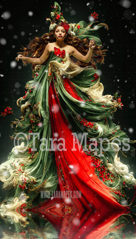 Christmas Gown Digital Backdrop - Ornate Holly and Pine, Red and Green and Ivory Flowing Digital Gown - Poinsettia Gown JPG File Digital Background - Free Snow Overlay