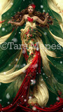 Christmas Gown Digital Backdrop - Ornate Holly and Pine, Red and Green and Ivory Flowing Digital Gown - Poinsettia Gown JPG File Digital Background - Free Snow Overlay