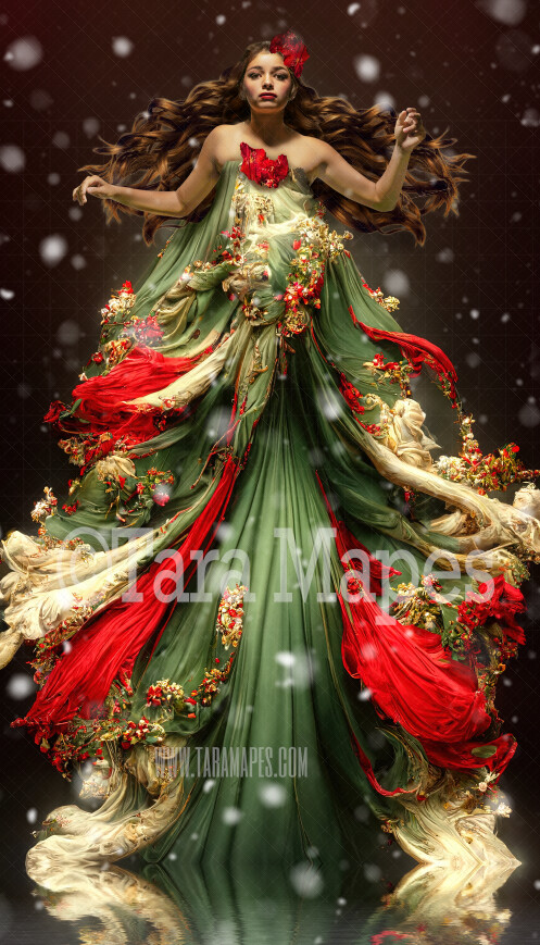 Christmas Gown Digital Backdrop - Ornate Holly and Pine, Red and Green and Ivory Flowing Digital Gown - Poinsettia Gown JPG File Digital Background - Free Snow Overlay