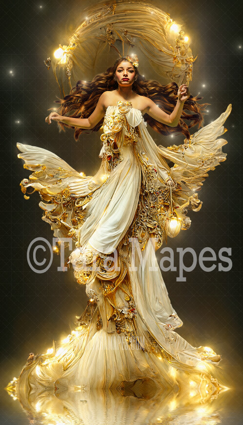 Christmas Angel Gown Digital Backdrop - Ornate Gold and Ivory Flowing Digital Gown - Angel Gown JPG File Digital Background