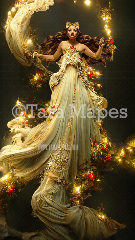 Christmas Angel Gown Digital Backdrop - Ornate Gold and Ivory Flowing Digital Gown - Angel Gown with Red Holly and Glowing Lights JPG File Digital Background