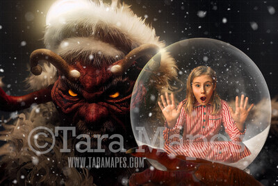 Krampus Holding Snow Globe  - LAYERED PSD! Snowglobe Krampus - Snow Globe Krampus Naughty Globe - Holiday Christmas Digital Background / Backdrop