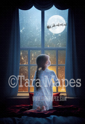 Christmas Window Digital Backdrop - Christmas Window Scene with Warm Glowing Window - Christmas Digital Background
