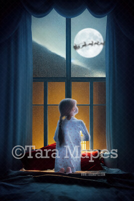 Christmas Window Digital Backdrop - Christmas Window Scene with Warm Glowing Window - Christmas Digital Background