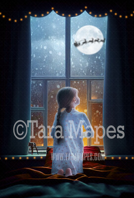 Christmas Window Digital Backdrop - Christmas Window Scene with Warm Glowing Window - Christmas Digital Background