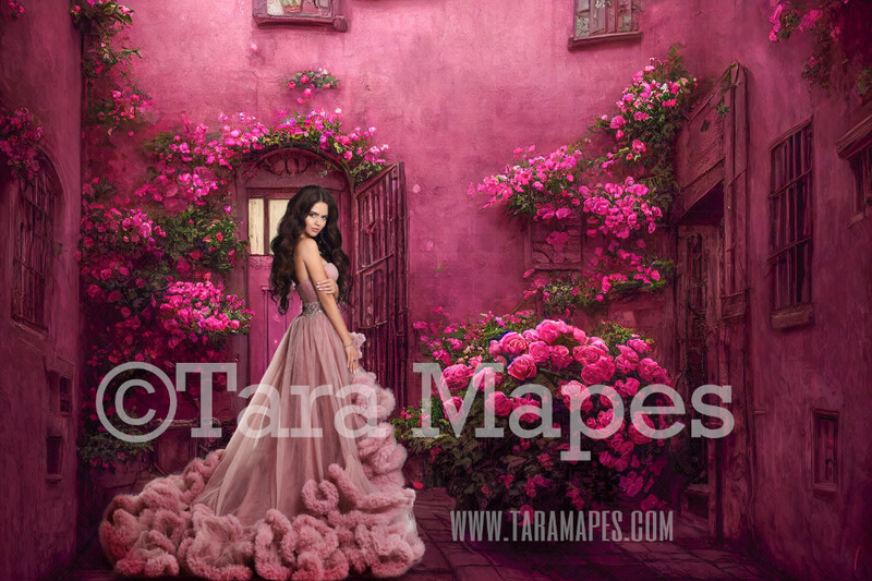 Rose Wall Digital Backdrop - Valentine Digital Backdrop - Rose Walkway - Path with Door - Magical Rose Walkway Digital Background JPG