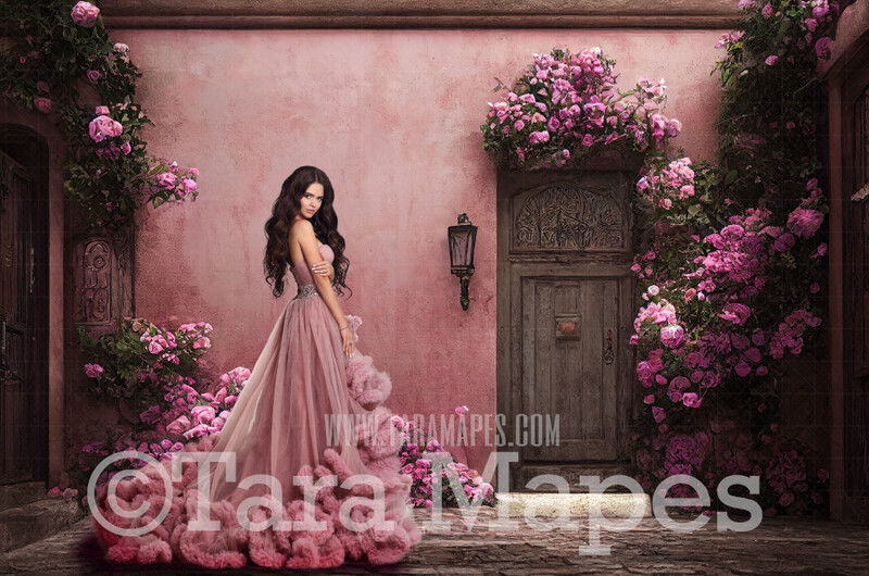 Rose Wall Digital Backdrop - Valentine Digital Backdrop - Rose Walkway - Path with Door - Magical Rose Walkway Digital Background JPG