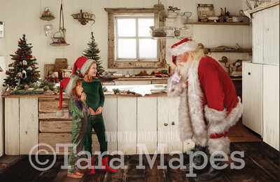 Santa Digital Backdrop - Santa in Rustic Farmhouse Kitchen - Whimsical Santa Scene  - Christmas Digital Background