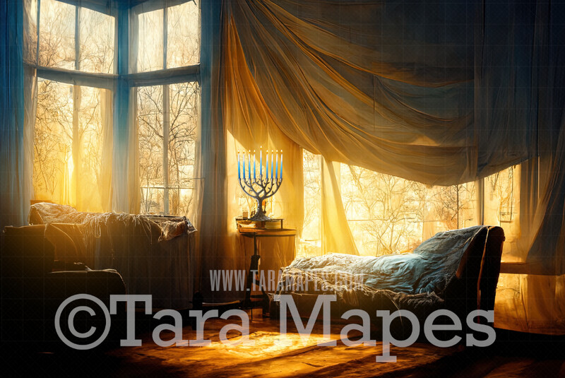 Hanukkah Menorah Digital Backdrop - Blue 9 Candle Menorah in Window - Jewish Chanukah Background - Holiday Digital Background Backdrop