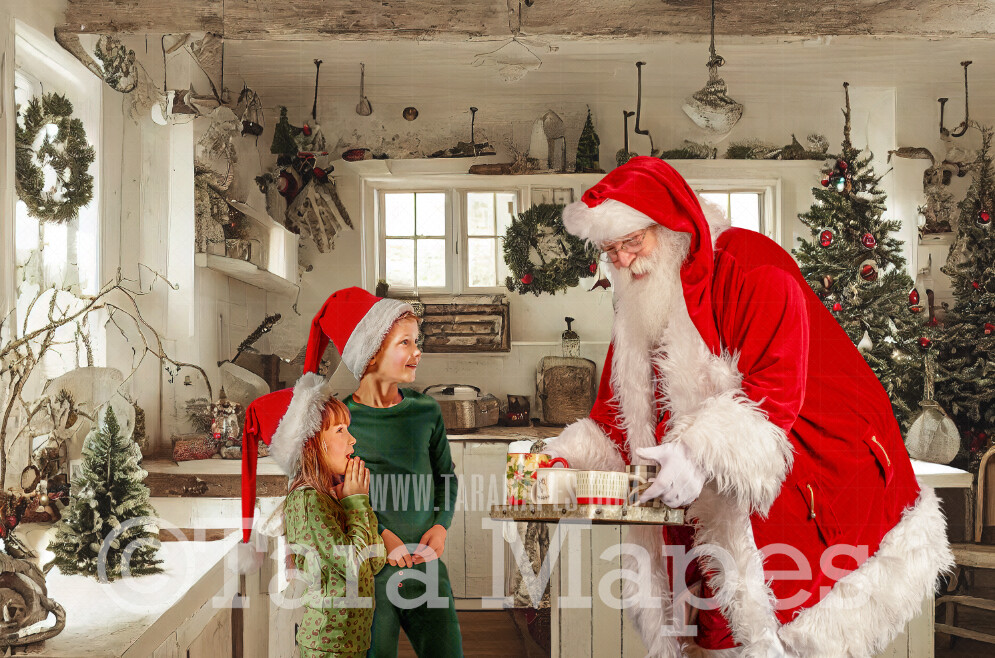 Santa Digital Backdrop - Santa in Rustic Farmhouse Kitchen - Whimsical Santa Scene - Christmas Digital Background