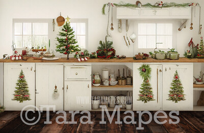 Christmas Kitchen Digital Backdrop - Rustic Farmhouse Kitchen - Whimsical Holiday Scene  - Christmas Digital Background