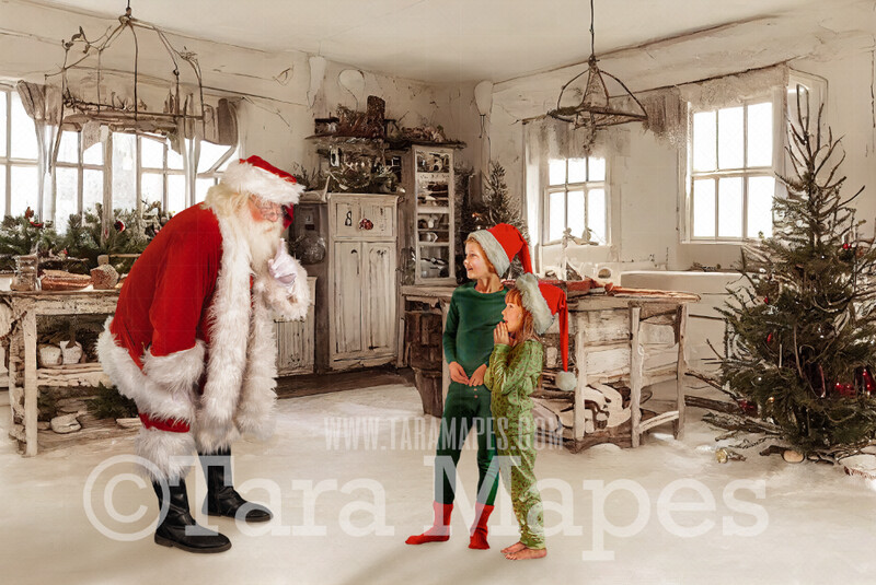 Santa Digital Backdrop - Santa in Rustic Farmhouse Kitchen - Whimsical Santa Scene  - Christmas Digital Background