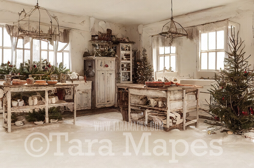 Christmas Kitchen Digital Backdrop - Rustic Farmhouse Kitchen - Whimsical Holiday Scene  - Christmas Digital Background
