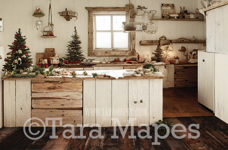 Christmas Kitchen Digital Backdrop - Rustic Farmhouse Kitchen - Whimsical Christmas Scene  - Christmas Digital Background