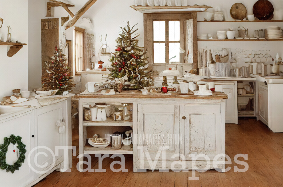 Christmas Kitchen Digital Backdrop - Rustic Farmhouse Kitchen - Whimsical Holiday Scene - Christmas Digital Background