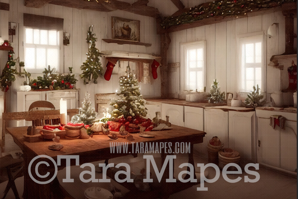 Christmas Kitchen Digital Backdrop - Rustic Farmhouse Kitchen - Whimsical Holiday Scene  - Christmas Digital Background