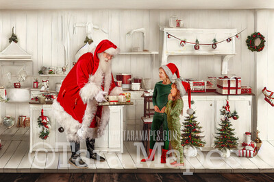 Santa Digital Backdrop - Santa in Rustic Farmhouse Kitchen - Whimsical Santa Scene  - Christmas Digital Background