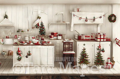 Christmas Kitchen Digital Backdrop - Rustic Farmhouse Kitchen - Whimsical Holiday Scene  - Christmas Digital Background
