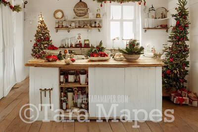 Christmas Kitchen Digital Backdrop - Rustic Farmhouse Kitchen - Whimsical Holiday Scene  - Christmas Digital Background