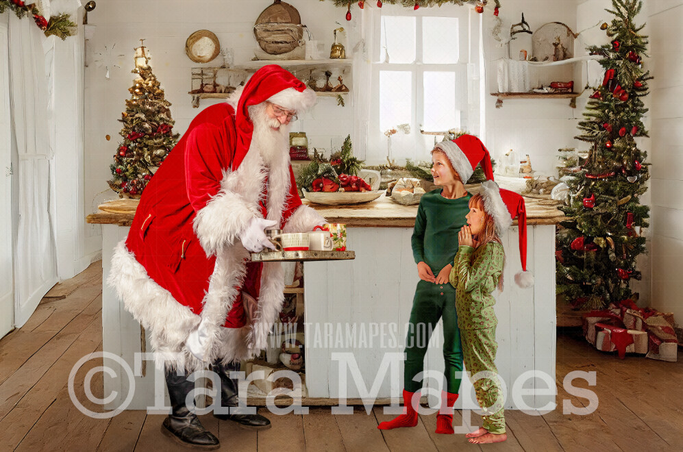Santa Digital Backdrop - Santa in Rustic Farmhouse Kitchen - Whimsical Santa Scene  - Christmas Digital Background