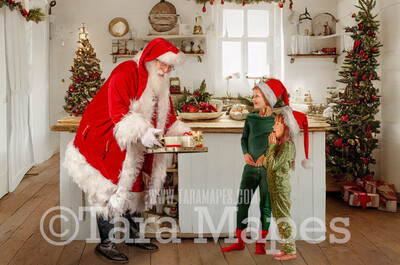 Santa Digital Backdrop - Santa in Rustic Farmhouse Kitchen - Whimsical Santa Scene  - Christmas Digital Background