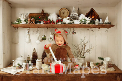 Christmas Kitchen Digital Backdrop - Rustic Farmhouse Kitchen - Whimsical Holiday Scene  - Christmas Digital Background