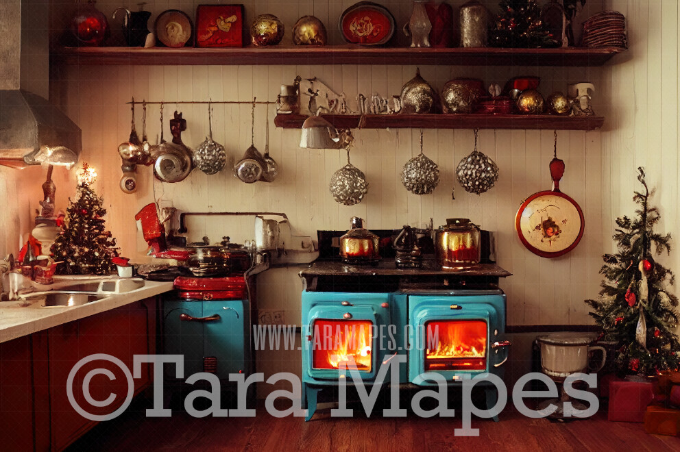 Vintage Christmas Kitchen Digital Backdrop - Vintage Kitchen with Wood Burning Stove - Whimsical Holiday Scene  - Christmas Digital Background