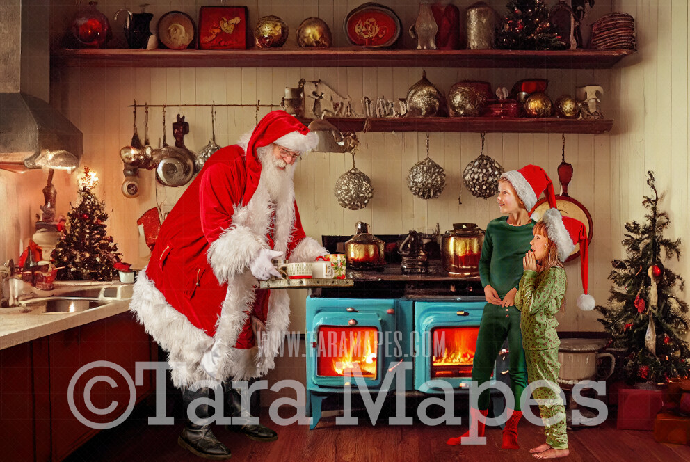 Santa Digital Backdrop - Santa in Vintage Kitchen - Whimsical Santa Scene by Wood Burning Stove  - Christmas Digital Background