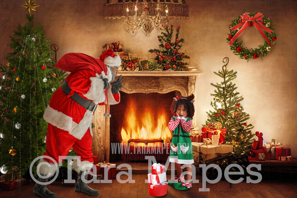 Black Santa Digital Backdrop - Santa by Vintage Fireplace - Whimsical Black Santa Scene by Wood Burning Vintage Fireplace  - Vintage Christmas Digital Background JPG File