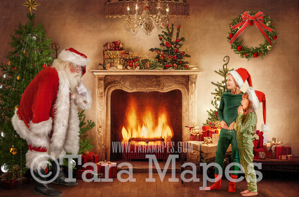 Santa Digital Backdrop - Santa by Vintage Fireplace - Whimsical Santa Scene by Wood Burning Vintage Fireplace  - Vintage Christmas Digital Background JPG File