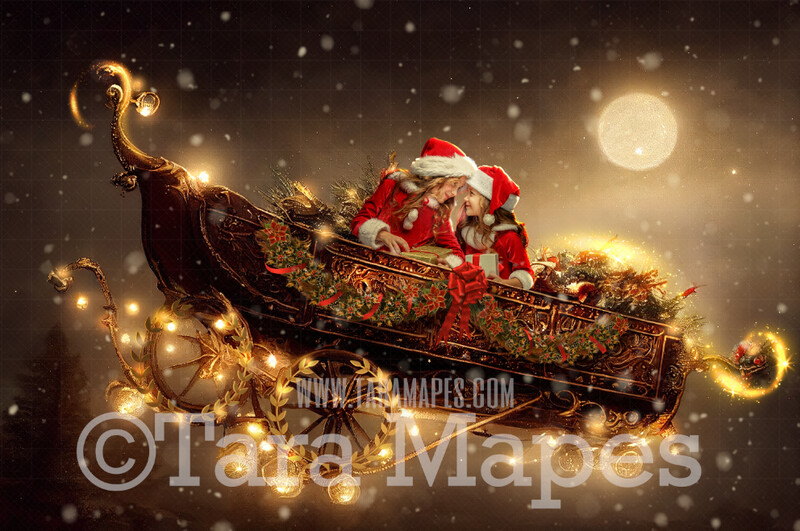 Santa Sleigh Digital Background  - Santa Sleigh Flying - Magical Santa Sleigh Digital Backdrop - Christmas Digital Background - LAYERED PSD!