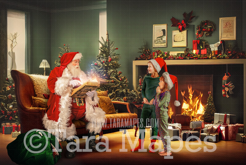 Santa Digital Backdrop - Santa Reading Book by Vintage Fireplace - Whimsical Santa Scene by Wood Burning Vintage Fireplace  - Vintage Christmas Digital Background JPG File