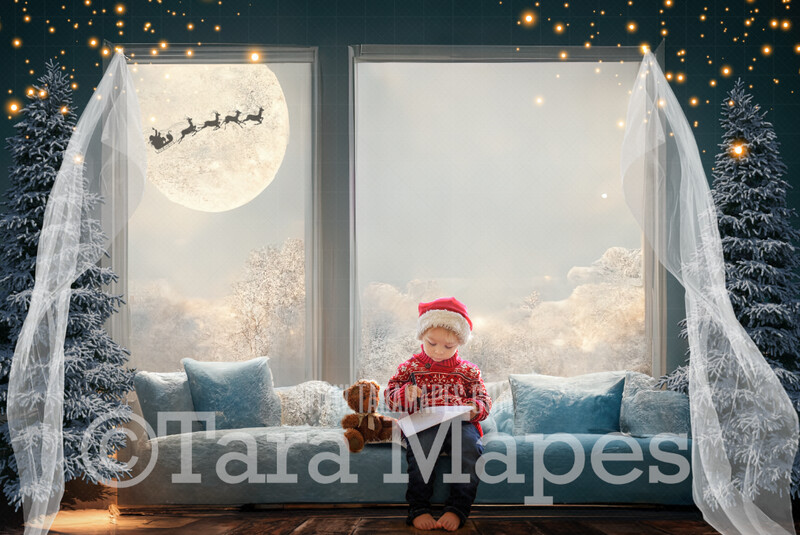 Christmas Window Digital Backdrop - Christmas Window Scene with Starry Night and Moon - Christmas Digital Background
