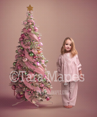 Pink Christmas Tree Digital Backdrop - Pink and Gold Christmas Digital Background - Pastel Pink Christmas Digital Background