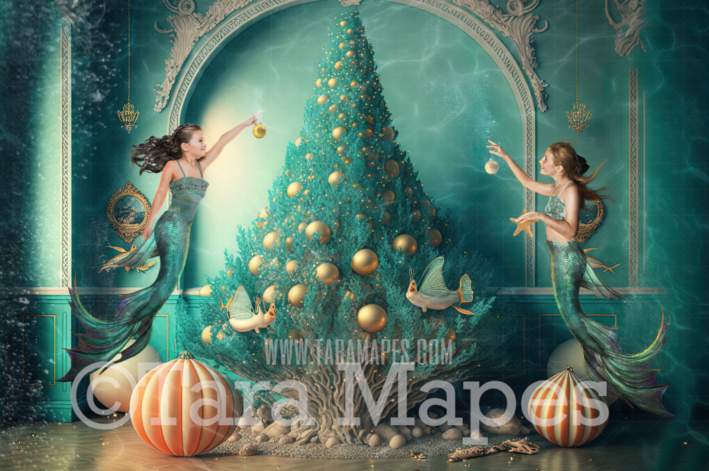 Christmas Digital Backdrop - Christmas Tree Under Water - Mermaid Christmas Tree with Lights in Underwater Teal Vintage - Christmas Mermaid Tree Digital Background