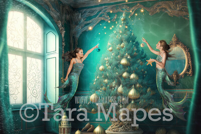 Christmas Digital Backdrop - Christmas Tree Under Water -  Mermaid Christmas Tree with Lights in Underwater Teal Vintage -  Christmas Mermaid Tree Digital Background