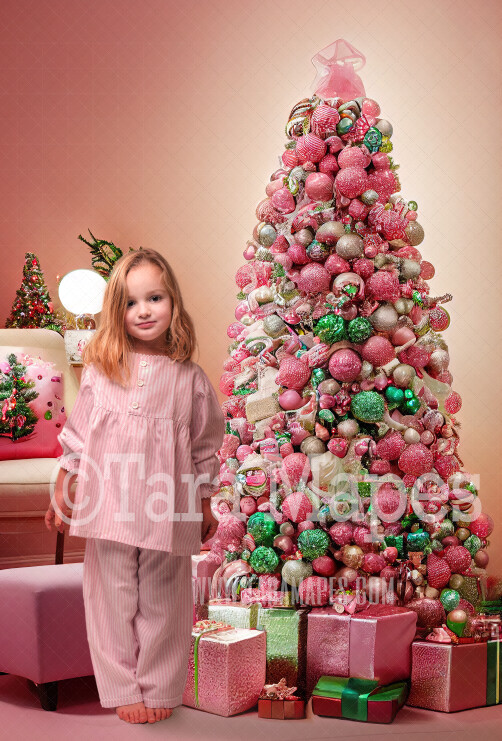 Pink Christmas Tree Digital Backdrop - Pink and Gold Christmas Digital Background - Pastel Pink Christmas Digital Background