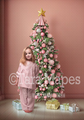 Pink Christmas Tree Digital Backdrop - Pink and Gold Christmas Digital Background - Pastel Pink Christmas Digital Background