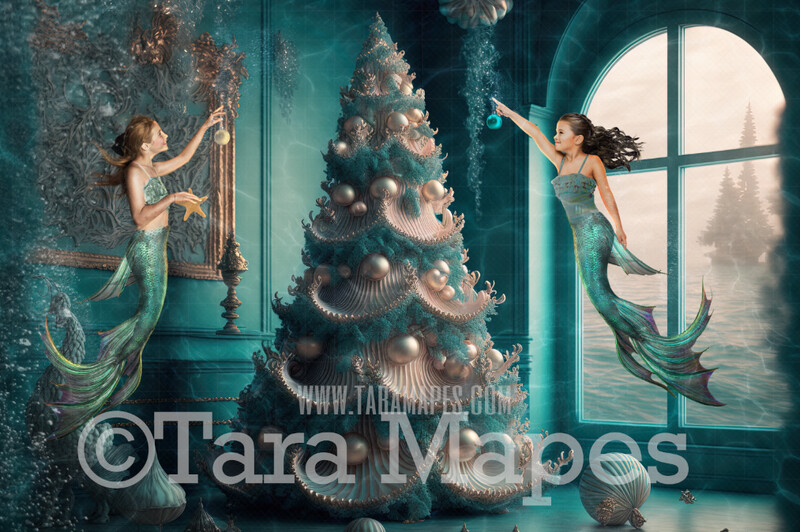 Christmas Digital Backdrop - Christmas Tree Under Water -  Mermaid Christmas Tree with Lights in Underwater Teal Vintage -  Christmas Mermaid Tree Digital Background