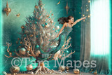 Christmas Digital Backdrop - Christmas Tree Under Water -  Mermaid Christmas Tree with Lights in Underwater Teal Vintage -  Christmas Mermaid Tree Digital Background