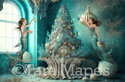 Christmas Digital Backdrop - Christmas Tree Under Water -  Mermaid Christmas Tree with Lights in Underwater Teal Vintage -  Christmas Mermaid Tree Digital Background