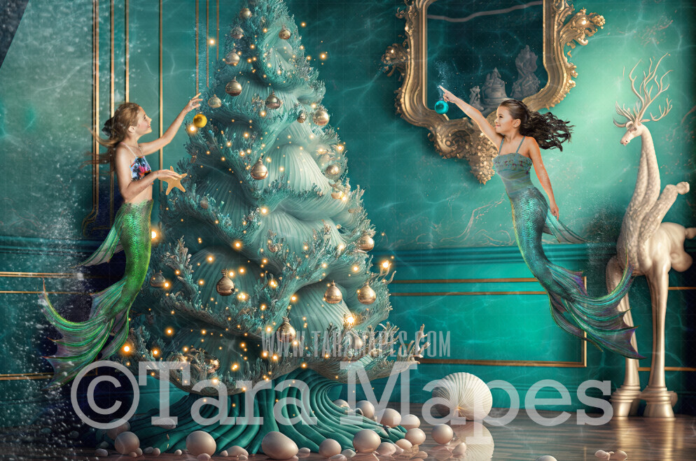 Christmas Digital Backdrop - Christmas Tree Under Water - Mermaid Christmas Tree with Lights in Underwater Teal Vintage - Christmas Mermaid Tree Digital Background